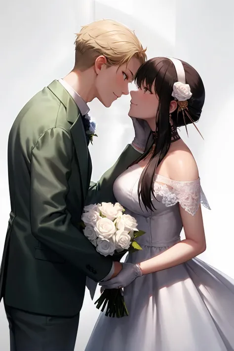 masterpiece, best quality, <lora:forger:1>,1girl, 1boy, flower, dress, shirt, necktie, bouquet, white flower, collared shirt, hair ornament, jacket, gloves, holding, formal, simple background, hetero, holding bouquet, white jacket, hair flower, long sleeves, suit, hairband, white rose, white pants, pants, short hair, white gloves, looking at another, grey background, off shoulder, smile, black necktie, rose, white suit, wedding dress, hand on another's face, white dress