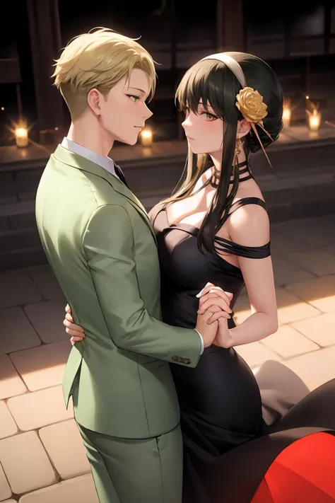 masterpiece, best quality,  <lora:forger:1>,1girl, dancing, 1boy, dress, black dress, formal, two-sided fabric, green eyes, hair ornament, suit, jewelry, hetero, looking at another, earrings, hairband, flower, holding hands, hair flower