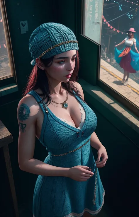 light leaks, Israeli short dress, digital painting, constellations, sharp-focus, metal arm, (high quality), photoshot, strong shadows, Mauritanian and South American heritage, Chain, (rutkowski:0.8), official art, trending on artstation, real life, full body shoot, (woolen hat:1.2), <lora:Lofi_vibes:0.65>, wearing (sundress:1.2). (moody lighting:1.2), soft cinematic light, (masterpiece), by artgerm and greg rutkowski, watchful, (Overhead view), magical creatures, facial tattos, depth of field, rural town, modelshoot style, ultra realistic, vivid colors