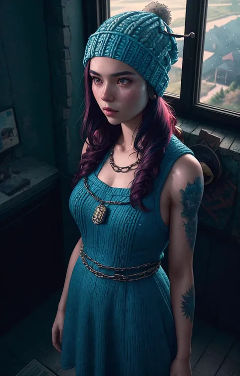 light leaks, Kiribatian short dress, digital painting, constellations, sharp-focus, metal arm, (high quality), photoshot, strong shadows, Croatian and Inuit heritage, Chain, (rutkowski:0.8), official art, trending on artstation, real life, full body shoot, (woolen hat:1.2), <lora:Lofi_vibes:0.65>, wearing (sundress:1.2). (moody lighting:1.2), soft cinematic light, (masterpiece), by artgerm and greg rutkowski, watchful, (Overhead view), magical creatures, facial tattos, depth of field, rural town, modelshoot style, ultra realistic, vivid colors