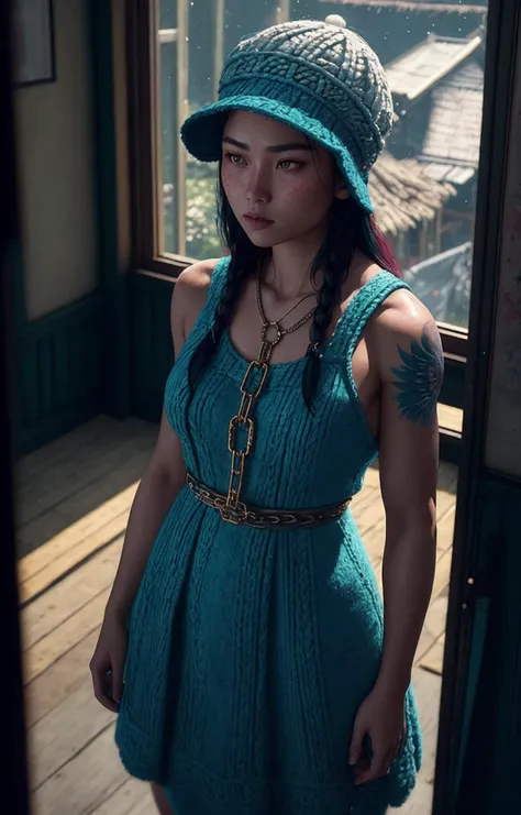 light leaks, Tuvaluan short dress, digital painting, constellations, sharp-focus, metal arm, (high quality), photoshot, strong shadows, Burmese and Polynesian heritage, Chain, (rutkowski:0.8), official art, trending on artstation, real life, full body shoot, (woolen hat:1.2), <lora:Lofi_vibes:0.65>, wearing (sundress:1.2). (moody lighting:1.2), soft cinematic light, (masterpiece), by artgerm and greg rutkowski, watchful, (Overhead view), magical creatures, facial tattos, depth of field, rural town, modelshoot style, ultra realistic, vivid colors