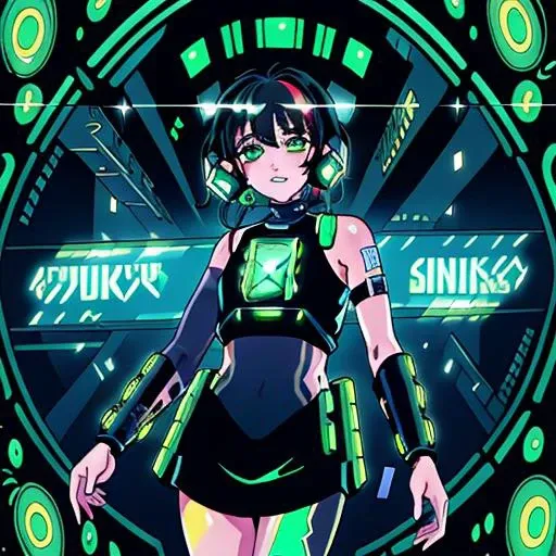 anime ,masterpiece, absurdres, best quality, best aesthetic, intricate details, 1girl, solo, (green eyes, black hair:1.2), cowboy shot, turning head, parted lips, earpiece, (shining eyes:1.1), (biopunk:1.5), (fractal art, (kaleidoscope:0.9):1), (shine effects, lighting effects:1.1), neon color, (masterpiece,best quality:1.5) , lofi color, (hyper lofi), <lora:hyper_lofi:0.65>