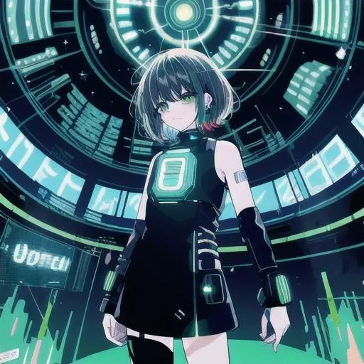 anime ,masterpiece, absurdres, best quality, best aesthetic, intricate details, 1girl, solo, (green eyes, black hair:1.2), cowboy shot, turning head, parted lips, earpiece, (shining eyes:1.1), (biopunk:1.5), (fractal art, (kaleidoscope:0.9):1), (shine effects, lighting effects:1.1), neon color, (masterpiece,best quality:1.5) , lofi color, (hyper lofi), <lora:hyper_lofi:0.65>