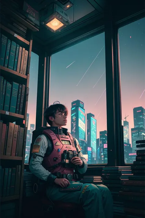 raw photo in hdr, extremely detailed CG unity 8k wallpaper, safety vest, atmosphere, soft focus, (soft lighting:0.9), roughness, (looking out at sprawling cyberpunk city skyline), harsh cinematic light, scale, intricate texture, inside a ((magical library)) where the ceiling is made of stars, refractions, WLOP, bangs, cinematic lighting, <lora:Lofi_vibes:0.65>, f/1. 8, soft light, ornate, ((1boy in mobile suit)), chiaroscuro, cinematic, wider show with more background and forest, sharp focus