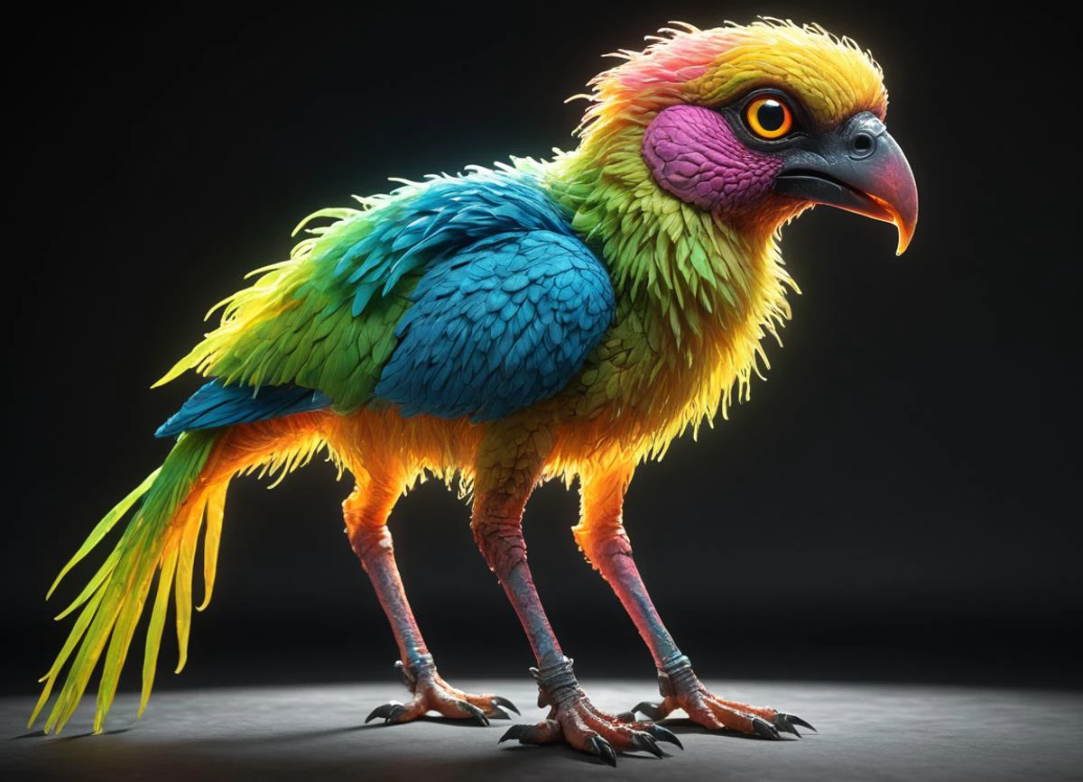 Ombre color scheme of neon blue, neon pink, neon yellow, neon green, neon orange, <lora:TheWeirdies_epoch_10:0.85> TheWeirdies Enormous Avian Networked High-Tech Feline, 1 Leg Quadrumanual, Hoofed, Prehensile-Tailed, Fuzzy Fur, Floppy Ears, Parrot-Like Beak Pale to Dark <lora:envyStarlight_v10:0.8> <lora:sss:0.8>