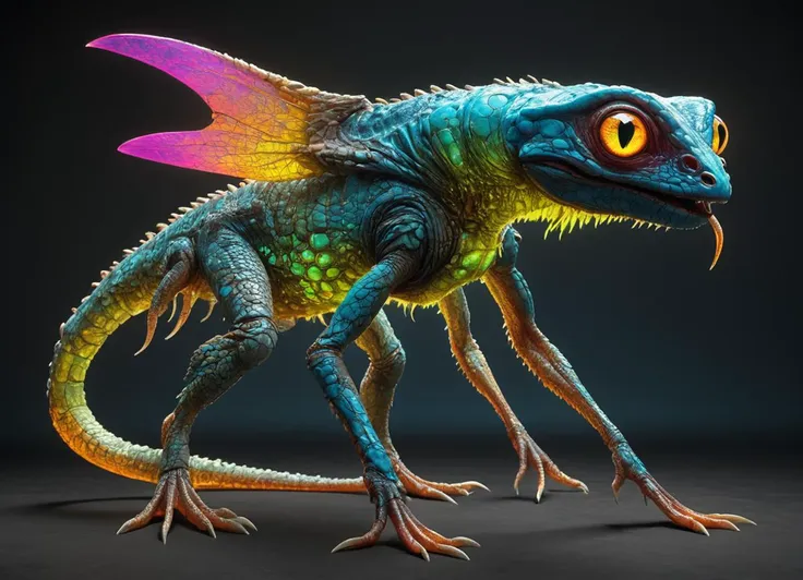 Ombre color scheme of neon blue, neon pink, neon yellow, neon green, neon orange, <lora:TheWeirdies_epoch_10:0.85> TheWeirdies  Gigantic Playful Pulsating Edgy Reptilian, Hexapod Single-Armed, Multi-Jointed Appendages, Tailless Short-Tailed, Leathery Skin, Pointed Ears, Demonic Wings, Forked Horns  Light Spore Print <lora:envyStarlight_v10:0.8> <lora:sss:0.8>