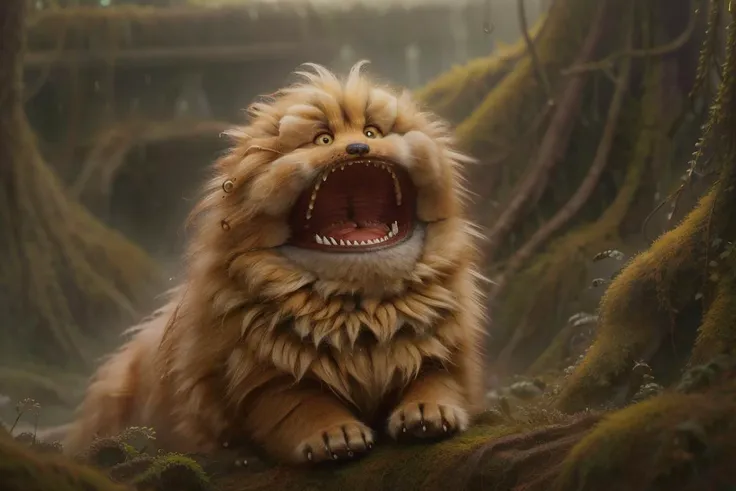 <lora:Fizzgig_Dark_Crystal-000011_SD15:1> fizzgig  yawning sitting in a vibrant green fantasy moss covered rain forest  <lora:WorldofEarth:0.8> worldofearth, subsurface scattering, ultra hd, 4k, high def, Photorealistic, Hyperrealistic, Hyper detailed, analog style, realistic, masterpiece, best quality, ultra realistic, 8k, Intricate, High Detail, film photography, soft lighting,  heavy shadow