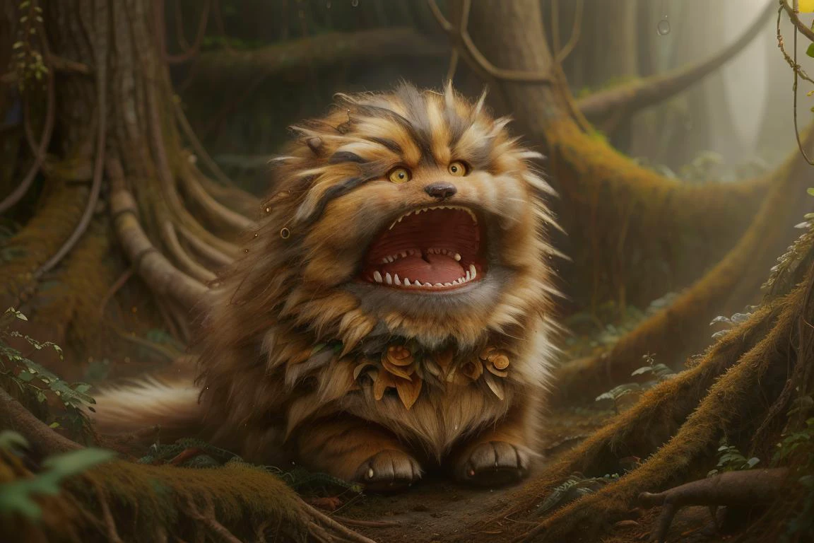 <lora:Fizzgig_Dark_Crystal-000011_SD15:1> fizzgig yawning sitting in a vibrant green fantasy moss covered rain forest <lora:WorldofEarth:0.8> worldofearth, subsurface scattering, ultra hd, 4k, high def, Photorealistic, Hyperrealistic, Hyper detailed, analog style, realistic, masterpiece, best quality, ultra realistic, 8k, Intricate, High Detail, film photography, soft lighting, heavy shadow