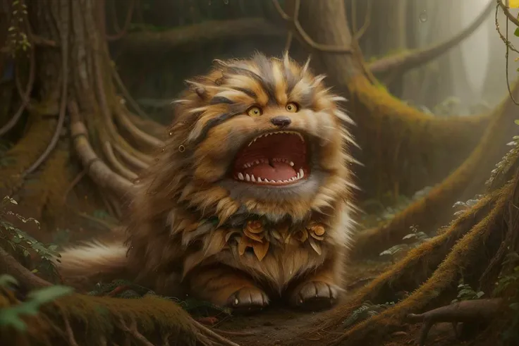 <lora:Fizzgig_Dark_Crystal-000011_SD15:1> fizzgig  yawning sitting in a vibrant green fantasy moss covered rain forest  <lora:WorldofEarth:0.8> worldofearth, subsurface scattering, ultra hd, 4k, high def, Photorealistic, Hyperrealistic, Hyper detailed, analog style, realistic, masterpiece, best quality, ultra realistic, 8k, Intricate, High Detail, film photography, soft lighting,  heavy shadow