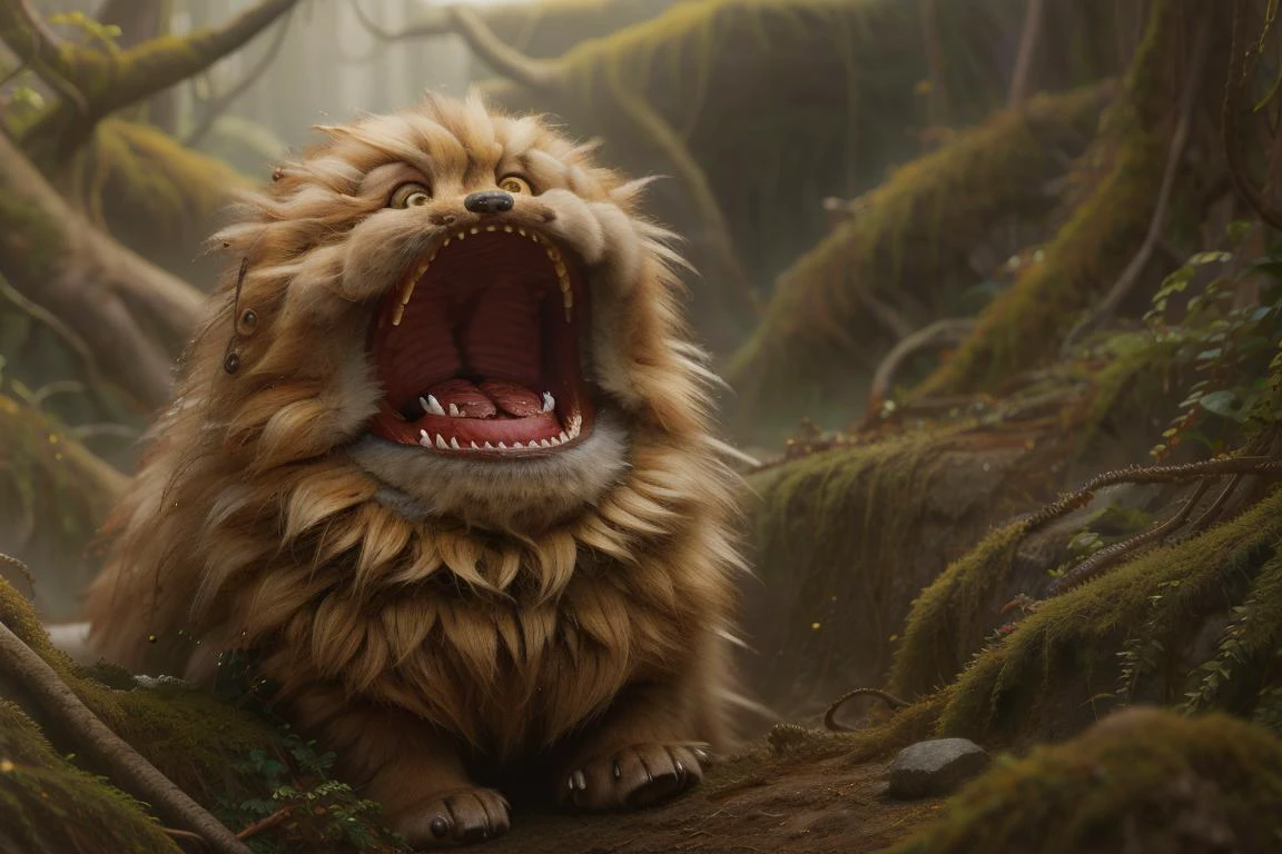<lora:Fizzgig_Dark_Crystal-000011_SD15:1> fizzgig yawning sitting in a vibrant green fantasy moss covered rain forest <lora:WorldofEarth:0.8> worldofearth, subsurface scattering, ultra hd, 4k, high def, Photorealistic, Hyperrealistic, Hyper detailed, analog style, realistic, masterpiece, best quality, ultra realistic, 8k, Intricate, High Detail, film photography, soft lighting, heavy shadow