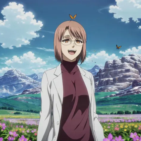 high quality,solo,flower field,mountain,sky,cloud,butterfly,many butterflies,
<lora:MinamiAmada001:0.7>,smile,open mouth,
MinamiAmada,1woman,
glasses,
labcoat,turtleneck sweater,