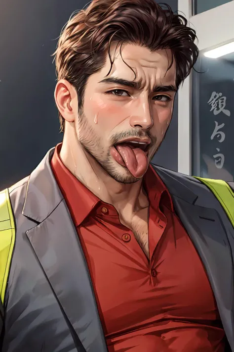 <lora:mesugao-wasabiya:1>, (mesugao, tongue out, open mouth, sweat), upper body, face focus, business suit, muscular male, bara, mature, male