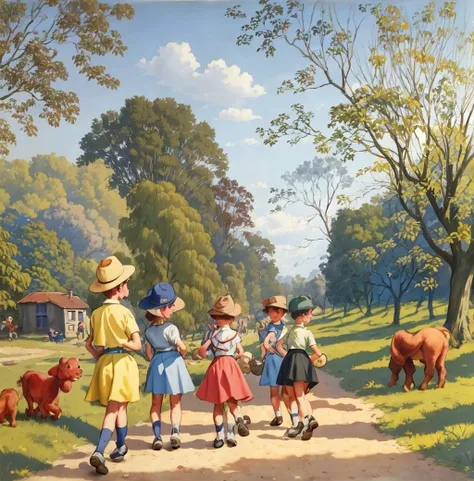 marlier,  1950s,
boys, girls, playing countryside, animals,
<lora:Marcelmarlier-04:1>