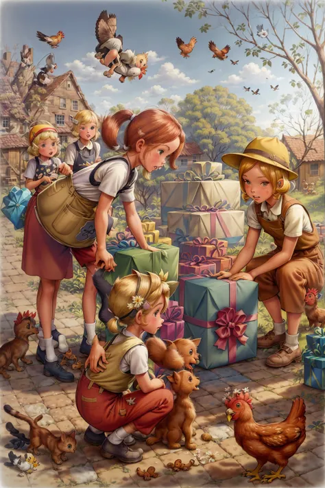 marlier, (oli painting sytle:0.7),
illustration, 1930s,
marlier, multiple girls, blonde hair, brown hair, shirt, hat, ponytail, flower, outdoors, multiple boys, pants, apron, tree, bird, animal, squatting, cat, box, child, gift, dog, overalls, chicken,
<lora:Marcelmarlier-04:1>