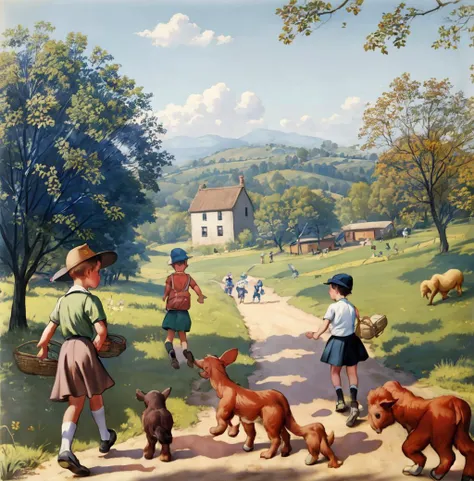 marlier,  1950s,
boys, girls, playing countryside, animals,
<lora:Marcelmarlier-04:1>
