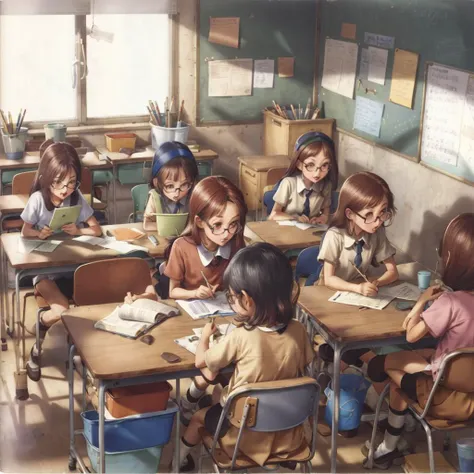 marlier,
multiple girls, brown hair, shirt, black hair, sitting, glasses, cup, 4girls, desk, head rest, pencil, classroom,
<lora:Marcelmarlier-04:0.8>