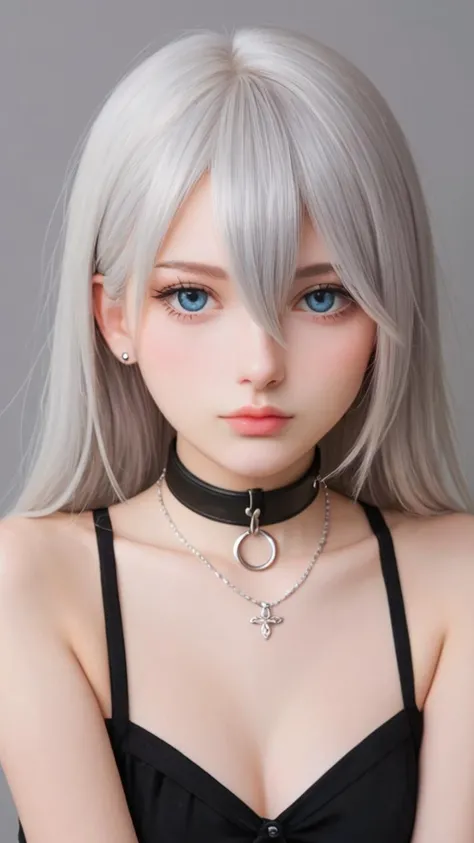 score_9,score_8_up,score_7_up,Goth girl,goth girl 1girl,1girl,solo,long hair,looking at viewer,blue eyes,jewelry,collarbone,white hair,grey hair,hair between eyes,choker,necklace,collar,shadow,black choker,portrait,close-up,painting,gray background,