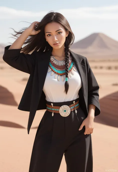 score_9,score_8_up,score_7_up,1girl,solo,long hair,dark brown hair,braids,native american,indigenous girl,large breasts,white shirt,black coat,high waist pants,looking at viewer,highly detailed,glossy lips,perfect body,wind blowing hair,sunny day,desert background,confident expression,detailed,illustration style,belt,rugged terrain,dramatic lighting,stylish,native american accessories,feathers,beads,turquoise jewelry,traditional patterns,moccasins,<lora:å¯æè¡¨ç°åsdxl10:0.8>,