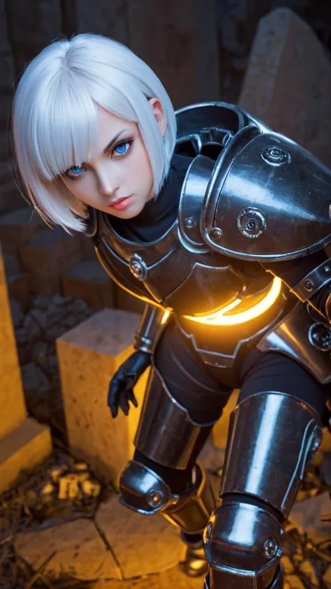 score_9, score_8_up, score_7_up, 1woman, sister of battle, adepta sororitas, power armor, futuristic goth armor, full armor, black armor, white hair, short hair, blue_eyes, looking at viewer, action pose, (goth ruins, nighttime:1.2), perfect lips, wide hips, looking at viewer, pout, closed mouth, dark, pov, close up, detailed,