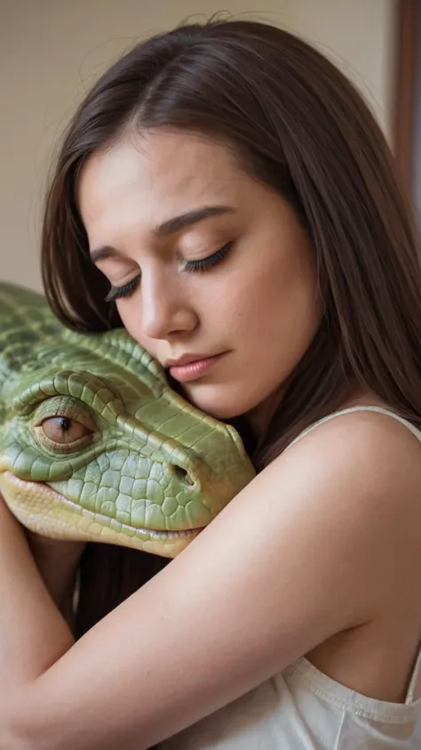 score_9, score_8_up, score_7_up, beautiful human woman, long hair, in love, closed eyes, interspecies, giant lizard male, lewd, eye contact, hugging, detailed raw photo, realistic, photorealistic