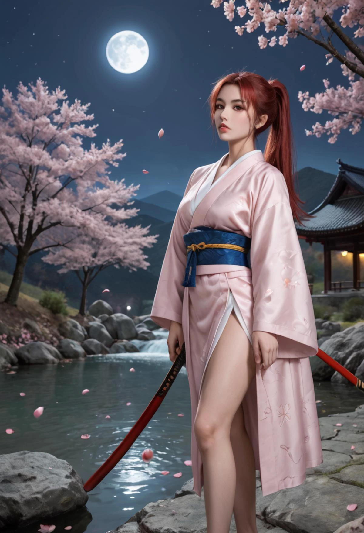 <lora:Pony_å¢å ç»èçloar:1>,<lora:Ponyå¢å ç»èï¼æµè¯çï¼ä¸è¦è¶
è¿1.5:1>,<lora:Ponyç»èè°è_DetailV2.0-Lora:1>,score_9,score_8_up,score_7_up,1girl,samurai girl,red hair,shiny skin,ponytail,red eyes,outdoors,night time,dusk,torches,sprinkling water fountain,rocks,japanese landscape,flowers,tilted angle,moody lighting,tall,toned,open kimono,thigh strap,bare tree,branch,cherry blossoms,crescent moon,falling leaves,falling petals,full moon,lake,moon,moonlight,mountain,night,night sky,confident pose,victor pose,petals,petals on liquid,ripples,river,rose petals,sky,water,wet,wind,solo,holding a katana (blue and orange hue:1.2),highly detailed,glossy lips,high quality,