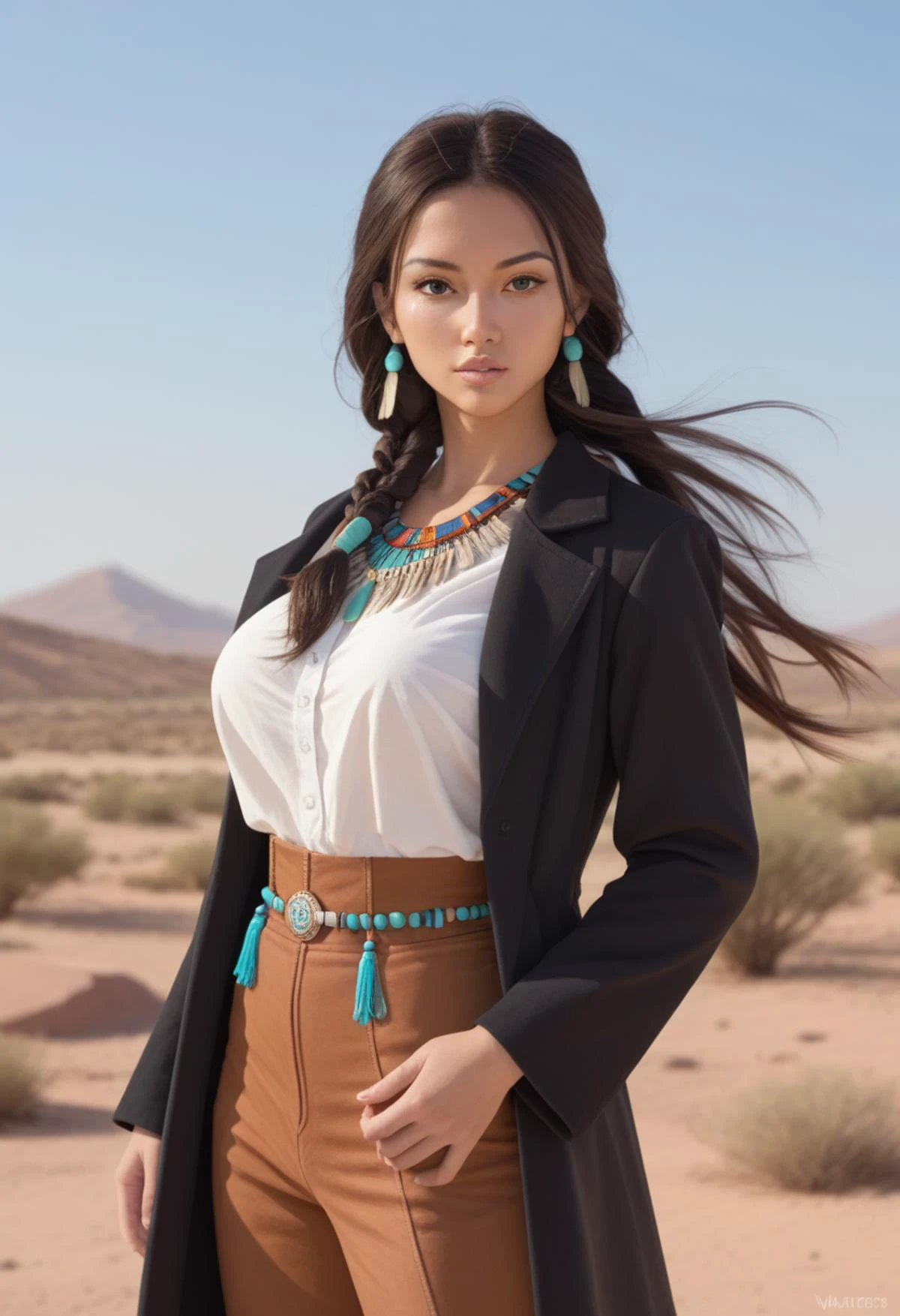 score_9,score_8_up,score_7_up,1girl,solo,long hair,dark brown hair,braids,native american,indigenous girl,large breasts,white shirt,black coat,high waist pants,looking at viewer,highly detailed,glossy lips,perfect body,wind blowing hair,sunny day,desert background,confident expression,detailed,illustration style,belt,rugged terrain,dramatic lighting,stylish,native american accessories,feathers,beads,turquoise jewelry,traditional patterns,moccasins,<lora:å¯æè¡¨ç°åsdxl10:0.8>,<lora:cutesexyrobutts_style-csr style-LoRA_Pony :0.8>,