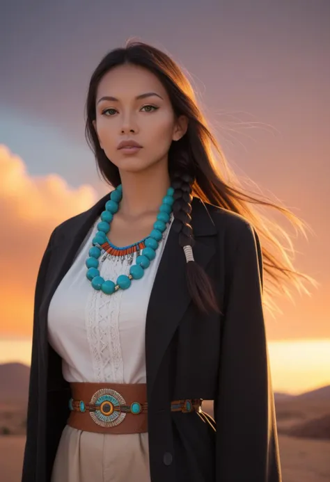 score_9,score_8_up,score_7_up,1girl,solo,long hair,dark brown hair,braids,native american,indigenous girl,large breasts,white shirt,black coat,high waist pants,looking at viewer,highly detailed,glossy lips,perfect body,wind blowing hair,sunny day,desert background,confident expression,detailed,illustration style,belt,rugged terrain,dramatic lighting,stylish,native american accessories,feathers,beads,turquoise jewelry,traditional patterns,moccasins,