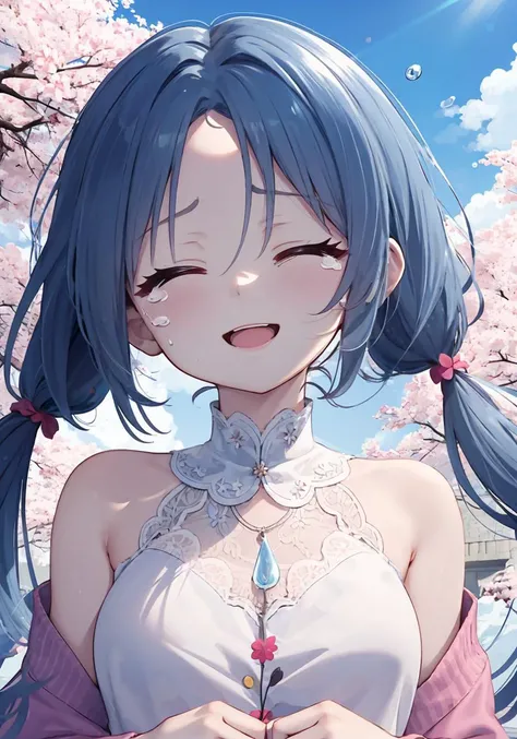 outdoor,cinematic angle,sakura,dazzling sunlight,
1girl,(closed eyes:1.3),wail,giggle,(teardrop,lacrimation:1.25),smile,
sky blue hair,messy hair,long hair,low twintails,lace shirt, twin slut strands,forehead,
(lighting:1.15),(masterpiece:1,2), best quality,highres,