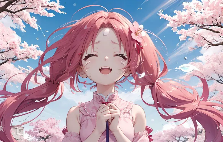 outdoor,cinematic angle,sakura,dazzling sunlight,
1girl,(closed eyes:1.3),wail,giggle,(teardrop,lacrimation:1.25),smile,
pink hair,messy hair,long hair,low twintails,lace shirt, twin slut strands,forehead,
(lighting:1.15),(masterpiece:1,2), best quality,highres,