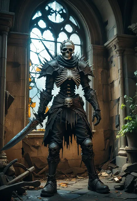 (medium full shot) of (macabre skeleton)  grunt, wearing Rusted helm, decayed chainmail, tattered leggings, skeletal boots, spiked gloves, holding wielding rusted sword, set in the cursed lands, in  a haunted skeletal castle, with ivy-covered walls and broken stained glass windows, filled with the whispers of forgotten souls , at night, ,Masterpiece,best quality, photo, realistic, very aesthetic