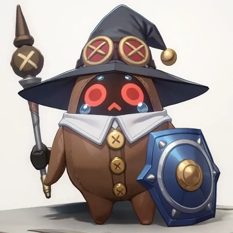 1other, 
doll, stuffed toy, no humans, solo, standing, holding, full body, wizard hat, hat, simple background, white background, open mouth, teddy bear, tears, character doll, shield, wand, button eyes, 
masterpiece, best quality
 <lora:XL_bangboo_(zenless_zone_zero) (a3.1)-000014:1>