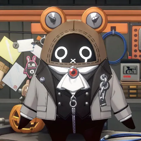 1other,
doll, stuffed toy, no humans, solo, standing, jack-o'-lantern, grey jacket, open clothes, animal head, tape, shirt, vines, halloween, white shirt, black vest, upper body, ascot, letter opener, teddy bear, open coat, jewelry, vest, screw, looking at viewer, ring, white ascot, object through head, zipper, screw in head, coat, chain, brooch, stuffed animal,
masterpiece, best quality
<lora:XL_bangboo_(zenless_zone_zero) (a3.1)-000014:1>