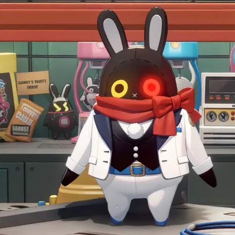 1other,
doll, stuffed toy, no humans, solo, standing, rabbit ears, animal ears, weapon, tuxedo, black vest, monster, furry, glowing eyes, glowing hair, crane game, belt, sword, yellow eyes, white coat, bow, red bow, sleeveless coat, vest, blue belt, glowing, boots, scarf, short hair, pom pom \(clothes\), red scarf, sleeveless, english text, coat, blue bow,
masterpiece, best quality
<lora:XL_bangboo_(zenless_zone_zero) (a3.1)-000014:1>