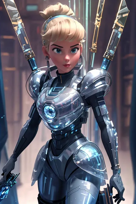 <lora:Cinderella_V1:0.8> cinderellaodd, sword, holding weapon, holding sword, cybersuit, cyberpunk,cowboy shot, looking at viewer, <lora:GlassTech:0.6> glasstech, transparent, scifi, iridescent, gold wires,, (masterpiece, best quality,highres, perfect hands), masterpiece,best quality,ultra-detailed,very detailed illustrations,extremely detailed,intricate details,highres,super complex details,extremely detailed 8k cg wallpaper