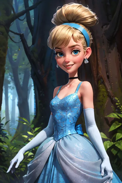 cinderellaodd, blue eyes, blonde hair, single hairbun, headband, choker, makeup, blue dress, sleeveless, elbow gloves, looking at viewer, serious, smiling, standing, outside, forest, trees, night, fog, high quality, masterpiece, <lora:Cinderella_V1:.6>