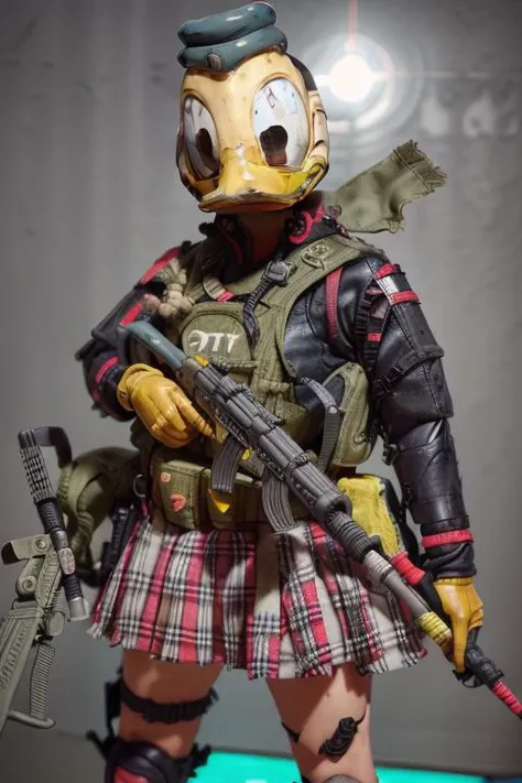 duck mask, cute skirt, figurine, swat troop, blue glow, 8k, uhd, masterpiece