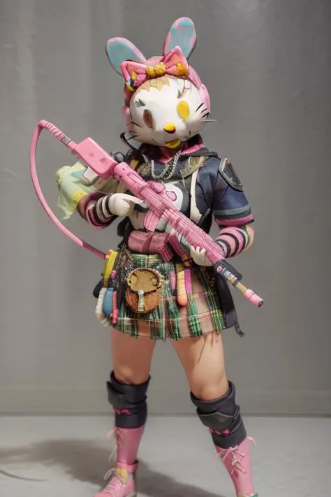 blue, rabbit ranger, figurine, kilt, hello kitty, neon pastel, 8k, uhd, masterpiece