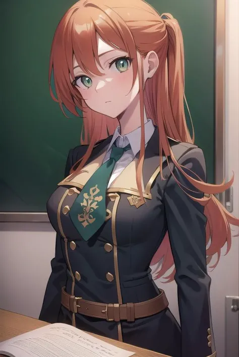 shirleyfenette, <lora:shirleytest:1>, shirley fenette, orange hair, (green eyes:1.5), half updo, long hair,
BREAK ashford academy school uniform, buttons, long sleeves, necktie, school uniform,
BREAK looking at viewer,
BREAK indoors, classroom,
BREAK <lora:GoodHands-vanilla:1>, (masterpiece:1.2), best quality, high resolution, unity 8k wallpaper, (illustration:0.8), (beautiful detailed eyes:1.6), extremely detailed face, perfect lighting, extremely detailed CG, (perfect hands, perfect anatomy),