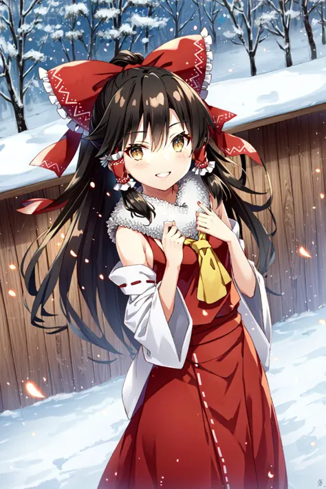 hakurei reimu, looking at viewer, smile, outdoors, snow, light particles, 
 <lora:gabiran_lycoris:1>