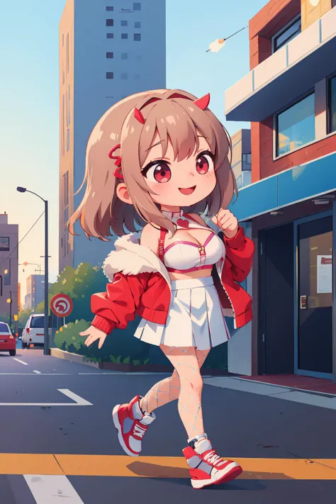 masterpiece, best quality, viperdef, white skirt, cleavage cutout, white fishnets, jacket, off shoulder, chibi, furrowed brow, smile, city, walking, from side <lora:viper-nikke-richy-v1:1>