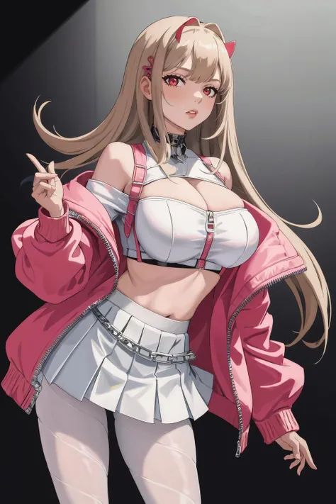 masterpiece, best quality, 1girl, solo, standing, <lora:viper-nikke-richy-v1:1> viperdef, white skirt, cleavage cutout, fishnets pantyhose, jacket, off shoulder, midriff peek, chain
