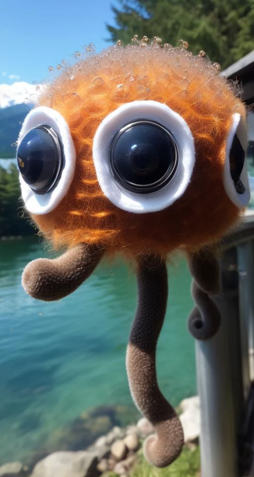 best quality, ((Medium Close Up of Tiny Aquatic Symbiotic Urban Asymmetrical, Octopod Decamanual Digitigrade Appendages, Multi-Tailed Bushy-Tailed, Wooly Fur, Floppy Ears )) (that's feel sentimental) , ((look at the camera)), lake as background,