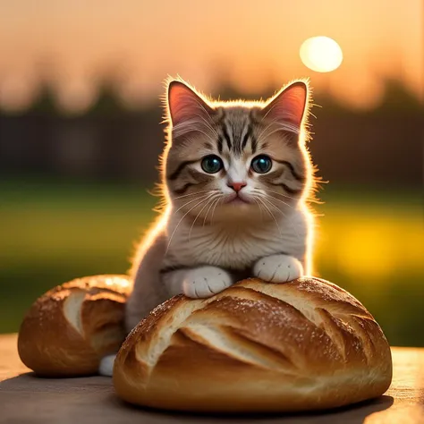 cute bread cat character, twilight scene,golden hour light, happy, realistic detail , cinematic ,hyper realistic, Sharp, Canon EOS 5D Mark IV , Canon 35mm f1,4, Canon EF 85mm, Pixlr , best quality, high quality, good