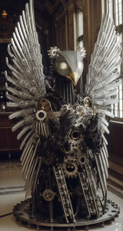 best quality, ((Medium Long Shot of Gigantic Avian Webbed Alien Canine, Six-Fingered Hands, Tufted-Tailed, Metallic Skin, Furry Ears Mechanical Wings made of gears and cogs and clockwork)) (that's feel serene) , ((look away from the camera)), vatican city as background,