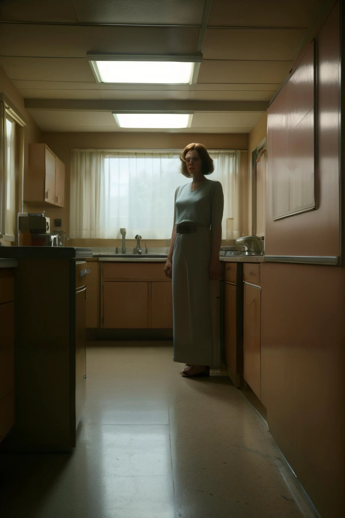 cinematic photograph, color, psychologically-charged, suburban 1970s interior, muted colors, natural lighting, melancholic, disturbing, surreal, professional photo, vivid colors, by Gregory Crewdson, inspired by Diane Arbus, inspired by Edward Hopper