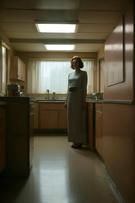 cinematic photograph, color, psychologically-charged, suburban 1970s interior, muted colors, natural lighting, melancholic, disturbing, surreal, professional photo, vivid colors,  by Gregory Crewdson, inspired by Diane Arbus, inspired by Edward Hopper