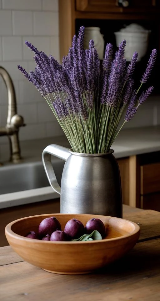 best quality, An Cowboy Shot of Mighty Matte Pendulous Spatulate plant, Streaked Corymb Bowl-shaped flower, Round Lavender Pepo fruit, Ridged Bulbous root , in background kitchen,