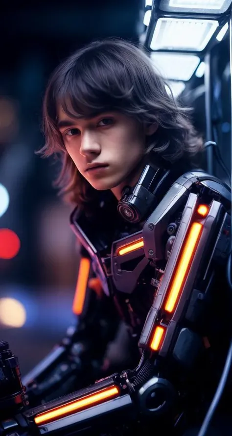 best quality, (best quality, masterpiece, colorful, dynamic angle, highest detailed)upper body photo, full body photo, fashion photography of cute 1boy, mechanical arms, cyborg, dark mood, dystopia, glowing, sitting, long hair, bokeh (intricate details, hyperdetailed:1.15), detailed, light passing through hair, (official art, extreme detailed, highest detailed),
