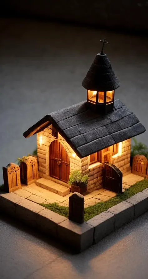 best quality, Churches, Thatch,Concrete, Chimineas, Rope Lights in ((isometric style)) at dawn,