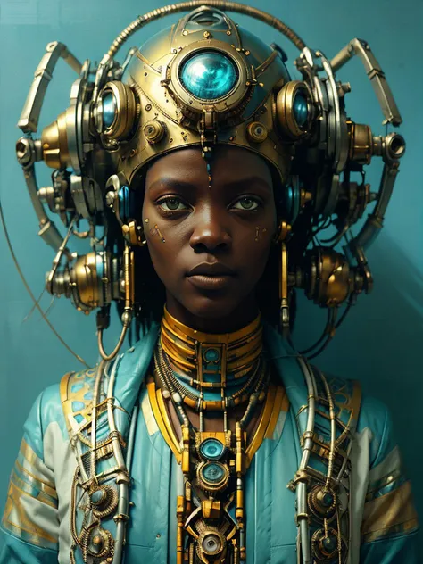 in the style of cyberpunk futurism, african influence, etam cru, light blue and gold, michael creese, steelpunk, michael hussar, white background, best quality, high quality, editorial photo, absurdres, masterpiece, intricate detail, film grain,, best quality, high quality, good